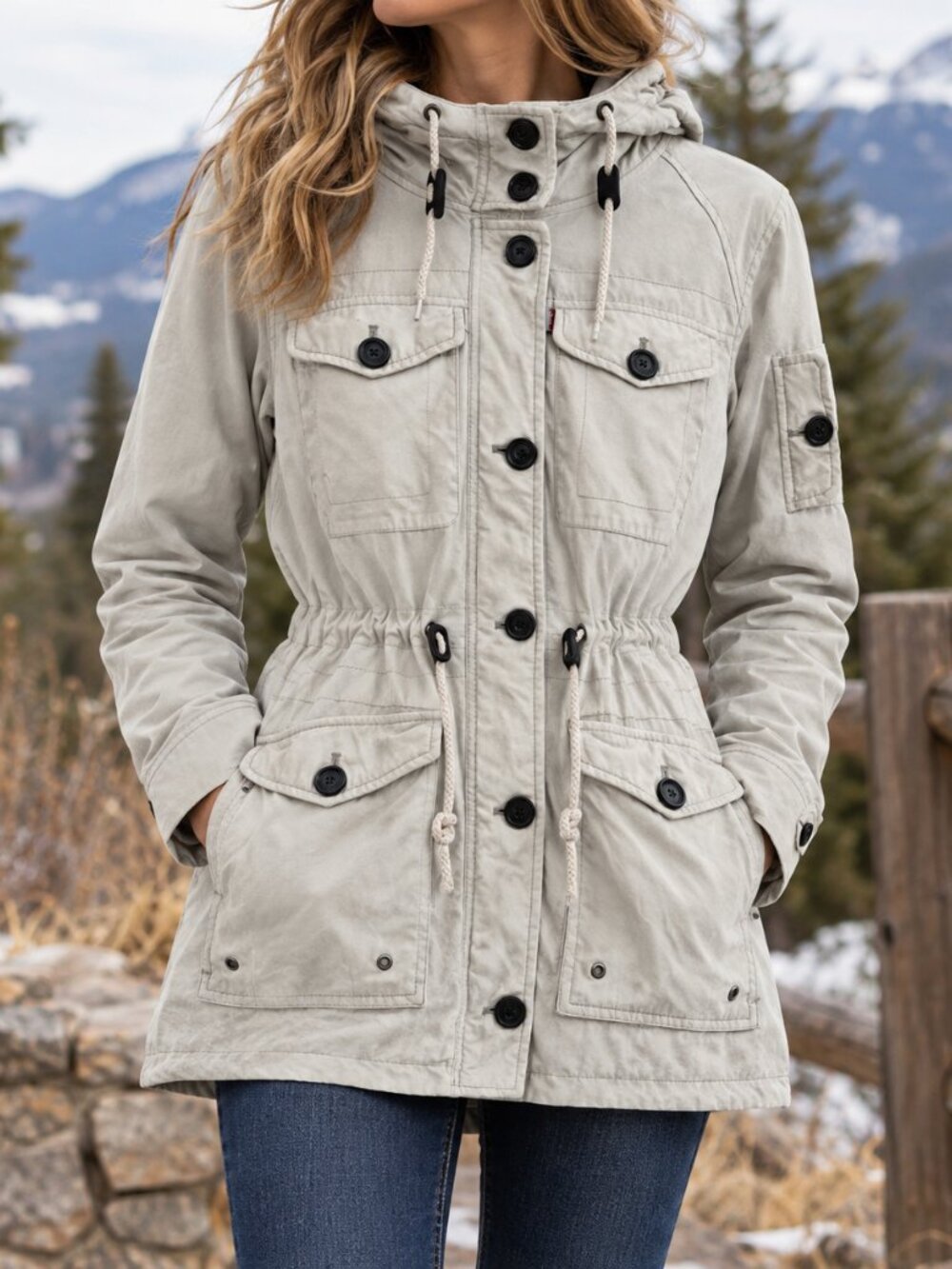Levi's Women's White Hooded Utility Jacket Coat Anorak Full Zip Size M Outerwear